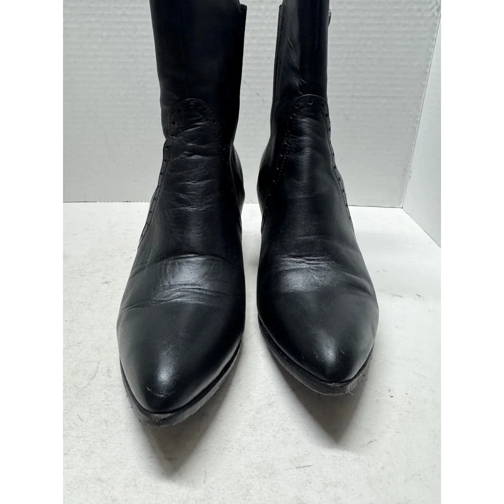 John Fluevog Black Leather Pointed Ankle Boots Block Heel Purpose Intent 7.5